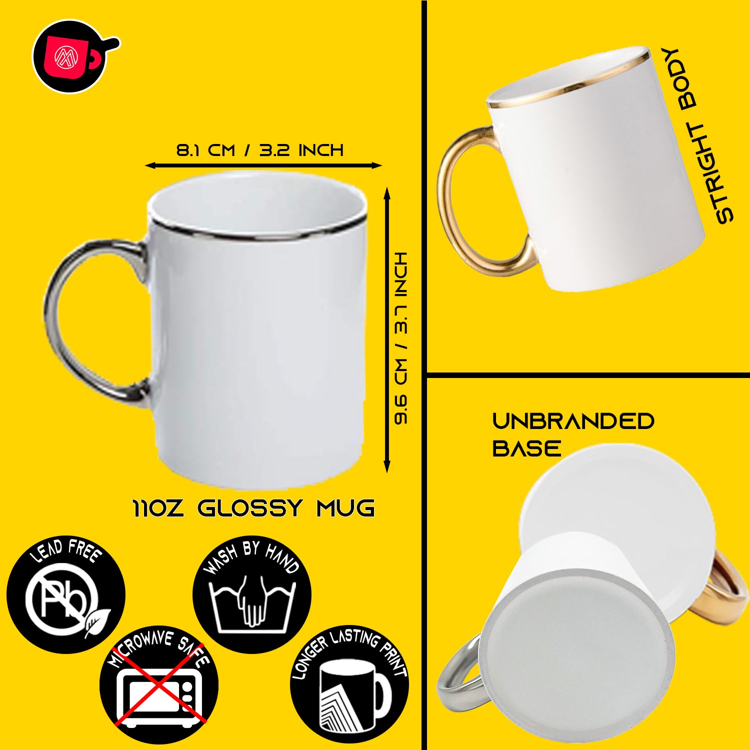 Mugsie | 12 Pack 11 oz. Silver & Gold Rim & Handle- Ceramic Sublimation Mugs - Professional Grade - with Individual White Gift Boxes