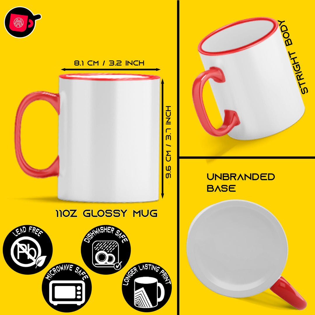Set of 12 11oz Red Rim & Handle Sublimation Mugs with White Gift Boxes.